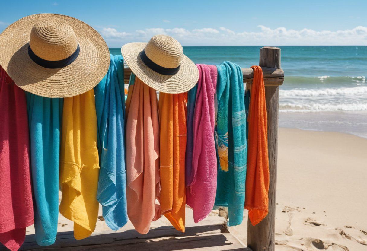 An inviting beach scene featuring colorful swimwear hanging on a rustic wooden rack, with sun hats, beach towels, and sunscreen scattered around. A sun-kissed beach with gentle waves lapping at the shore in the background, embodying the spirit of summer fun. Brightly colored seashells and beach umbrellas add to the scene, inviting viewers to imagine their perfect beach day. vibrant colors. super-realistic.
